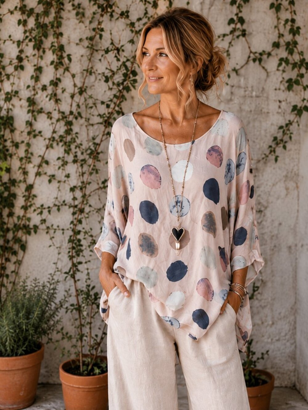 Bella Amore Italy Silk Blouse Womens Pink Polka Dot Layered Tunic Lagenlook Boho